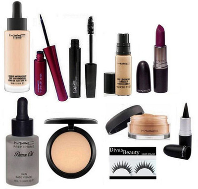 

Divas Beauty Eyelashes, Studio Waterweight Foundation, Pro Long Wear Concealer, Loose Powder, Prep+prime Primer Oil, Studio Fix Compact, Liquidlast Eyeliner, Houte and Naughty Mascara, Lustre Lipstick With stick(Set of 10)