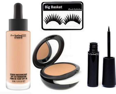

big Basket Eyelashes, Mac Studio Waterweight Foundation, Studio Fix Compact, Liquid Eyeliner(Set of 4)