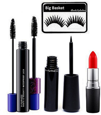 

big Basket Eyelashes, Mac Haute & Naughty Dobule Effect Waterproof Mascara, Liquid Eyeliner, Matte Lipstick(Set of 4)