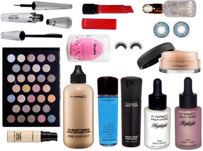 

studio Sponge Puff WIth 32 Shade Eyeshadow Palette, Face and Body Foundation, Pro Eye Makeup Remover, Prep+prime Moisture Infusion Serum, Highlighter Pack of 2, Pro Long Wear Concealer, Loose Powder, Brook Candy Eyeliner & Mascara, Smoothing Silver Radina