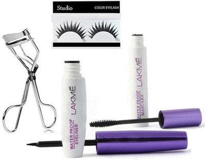 

studio Eyelashes With Lakme Liquid Eyeliner And Mascara And Eyelashes Curler(Set of 4)