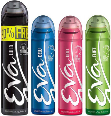 

EVA Deodorant Spray, Wild 125ml+25ml with 20% Extra, Dew deo 125ml, Doll deo 125ml, Flirt deo 125ml - Combo 4 Deodorant Spray - For Women(500 ml, Pack of 4)