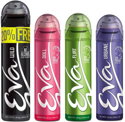

EVA Deodorant Spray, Wild 125ml+25ml with 20% Extra, Doll 125ml, Flirt 125ml, Urbane 125ml - Combo 4 Deodorant Spray - For Women(500 ml, Pack of 4)