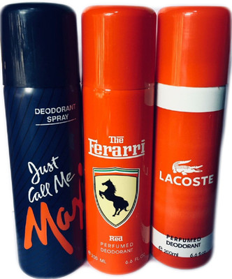 

JUST CALL ME MAXI RED FERRARI LACOSTE Body Spray - For Men & Women(600 ml, Pack of 3)