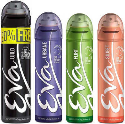 

EVA Deodorant Spray Wild deo 125ml+25ml with 20% Extra, Flirt deo 125ml, Urbane deo 125ml, Sweet deo 125ml - Combo 4 Deodorant Spray - For Women(500 ml, Pack of 4)