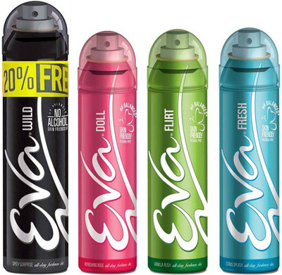 

EVA Deodorant Spray Wild deo 125ml+25ml with 20% Extra, Doll deo 125ml, Flirt deo 125ml, Fresh deo 125ml - Combo 4 Deodorant Spray - For Women(500 ml, Pack of 4)