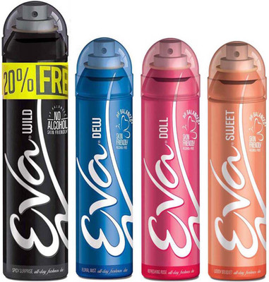 

EVA Deodorant Spray Wild deo 125ml+25ml with 20% Extra, Dew deo 125ml, Doll deo 125ml, Sweet deo 125ml - Combo 4 Deodorant Spray - For Women(500 ml, Pack of 4)