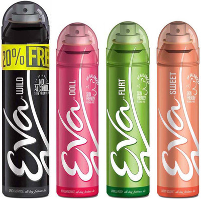 

EVA Deodorant Spray Wild deo 125ml+25ml with 20% Extra, Doll deo 125ml, Flirt deo 125ml, Sweet deo 125ml - Combo 4 Deodorant Spray - For Women(500 ml, Pack of 4)
