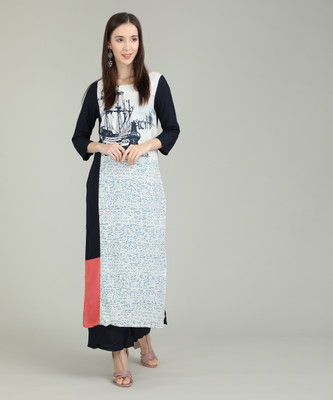 W Women Printed Straight Kurta(Dark Blue, White)
