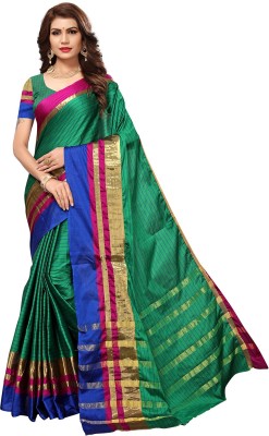 Ratnavati Striped Bollywood Silk Blend, Cotton Blend Saree(Green)