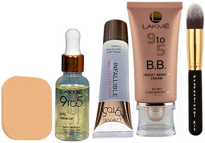 

Professional kit Make Up Brush, Make Up Appling Sponge Puff, Lakme 9 To 5 B B Cream, Infallible Primer With Gold Radiance Face Serum(Set of 5)