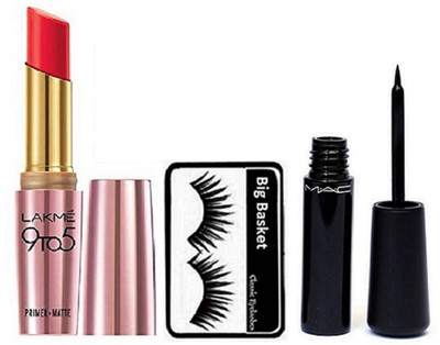

big Basket Eyelashes, 9 to 5 Primer + Matte Lipstick Crimson, Mac Liquid Eyeliner liquidlast liner Eve-Liner(Set of 3)