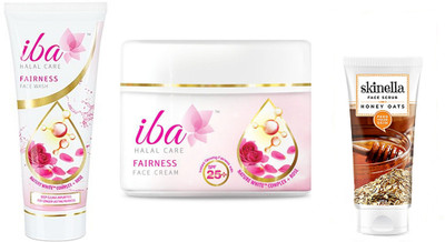 

iba halal Fairness Face Wash - 100ml, Fairness Face Cream SPF 25+ (50gm) and Skinella Honey Oats Face Scrub (100 g)(Set of 3)