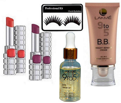

Professional kit Eyelashes, L'Oreal 2 Lipstick, Lakme B B Cream With Gold Radiance Face Serum(Set of 5)