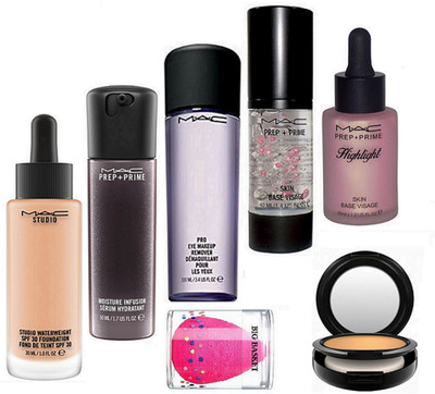 

big basket sponge puff ,mac studio water weight foundation , prpe+prime moisture infusion serum , pro makeup remover , skin base visage primer & highlight with studio fix compact(Set of 7)