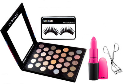 

Ultimate Eyelashes, Mac 32 Shade Eyeshadow Palette, Candy Yum Yum Lipstick, Eyelashes Curler(Set of 4)