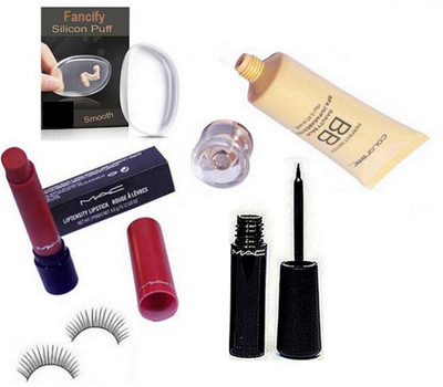 Fancify silicon,Eyelashes&Mac Liptensity Matte Finish Lipstick&Eyeliner&Colorbar BB Beauty Balm Foundation,Puff,Mirro(Set of 5)