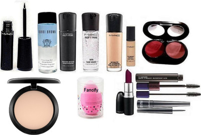 

Fancify Sponge Puff & Mac Matchmaster Foundation, Pro Long Wear Concealer, 2 Shade Blusher, Studio fix Compact, Lustre Lipstick., Haute and Naughty Double Effect Mascara and Liquid last Eyeliner, Prep+Prime Skin Base Visage Primer, Moisture Infusion Serum