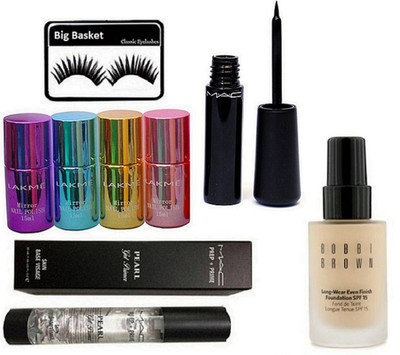 

big Basket Eyelashes, Mac Prep+Prime Pearl Gel Primer,Liquid Eyeliner liquidlast liner Eve-Liner, Bobbi Brown Long Wear Even Finish Foundation Spf 15 , Mirror Nail Paint(Set of 5)