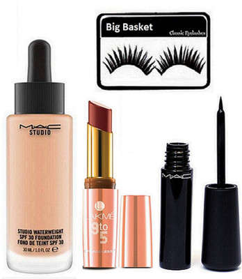 

big Basket Eyelashes, Mac Studio Waterweight Foundation, Liquid Eyeliner, 9to5 Matte Lipstick(Set of 4)