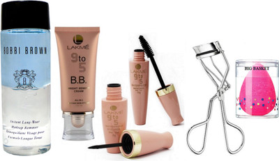 

big Basket SPONGE PUFF , 9 to 5 B.B. bright benefit all in 1 instant skin stylist , liquid eyeliner & mascara & eyelash curler WITH instant pro long wear makeup remover of bobbi brown(Set of 6)