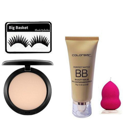 

big basket Eyelashes, Mac Studio Fix Compact,Colorbar Liquid Foundation & Sponge Puff(Set of 4)