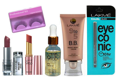 

Professional kit Eyelashes, Lakme Enrich & 9 To 5 Lipstick, B B Cream, Eyeconic, Gold Radiance Face Serum(Set of 6)