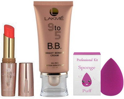 

Professional kit Sponge Puff, Lakme 9 To 5 B B Cream With Red Lipstick(Set of 3)