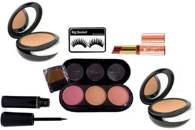 

big Basket Eyelashes, Mac 3 Shades Blusher, Studio Fix Compact (Pack of 2), Liquid Eyeliner, 9to5 Matte Lipstick(Set of 6)