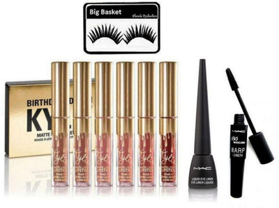 

big basket Eyelashes, Kylie Birthday Edition Matte Liquid Lipstick,Mac Liquid Eyeliner With Mascara Warp Length(Set of 4)