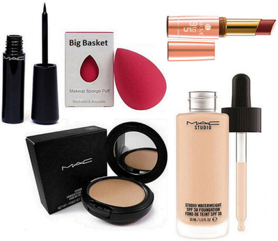 

big Basket Sponge Puff, Mac Studio Waterweight Foundation, Liquid Eyeliner, Studio Fix Compact, 9to5 Matte Lipstick(Set of 5)