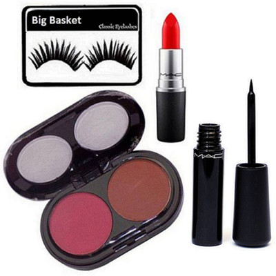 

big Basket Eyelashes, Mac 2 Shades Blusher, Liquid Eyeliner, Matte Lipstick(Set of 4)