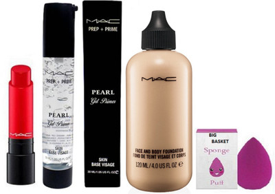 

big basket Sponge Puff With Mac Face And Body Foundation,Prep+Prim Pearl Gel Primer, Liptensity Lipstick(Set of 4)