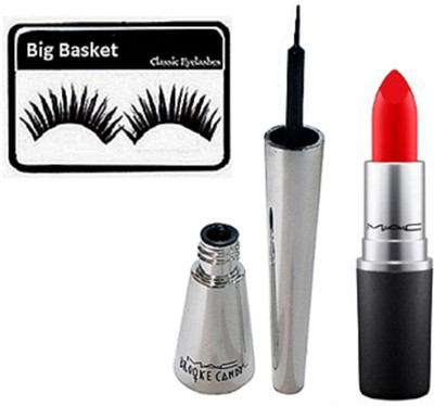 

big Basket Eyelashes, Mac Matte Finish Long Lasting Lipstick, Brooke Candy Liquid Eyeliner(Set of 3)