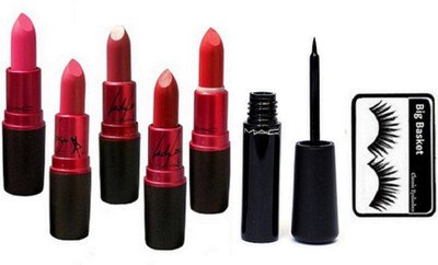 

big Basket Eyelashes& Mac Matte Finsish Lady Gaga Lipstick Multicolour (Pack of 5) & Eyeliner(Set of 7)