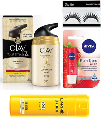 

studio Eyelashes With Olay Anti Ageing cream, Nivea Lip Balm,Lakme Sunscreen Body lotion(Set of 4)