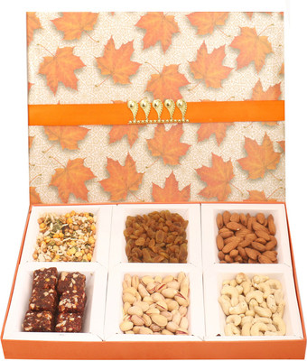 

Ghasitaram Gifts Diwali Gifts - Hampers Orange Big 6 Part Assorted Dryfruits, Sugarfree Figs and Dates Bites and Roasted Namkeen Box Combo(7)