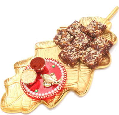 

Ghasitaram Gifts Diwali Gifts - Hampers Gold Leaf Sugarfree Dates and Figs Bites with Mini pooja Thali Hamper Combo(3)