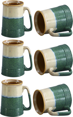 

caffeine Cream Studio Ceramic Mug(500 ml, Pack of 6), Beige;green