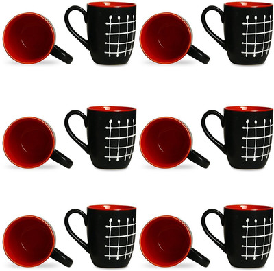 

caffeine Coffee Ceramic/Stoneware in Black & Red Check (Set of 12) Handmade Ceramic Mug(300 ml, Pack of 12)