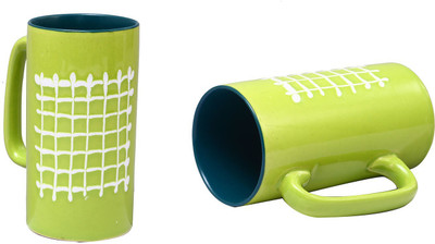 

caffeine Lime Green Check and Mate Ceramic Mug(500 ml, Pack of 2), Blue;green