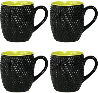 

caffeine Coffee Ceramic/Stoneware in Black Bubble & Green (Set of 4) Handmade Ceramic Mug(300 ml, Pack of 4), Red;yellow