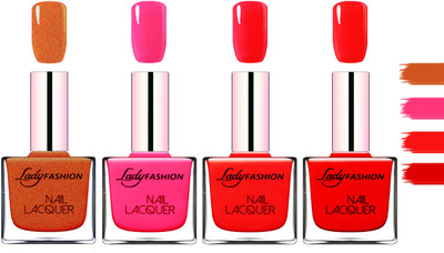 Lady Fashion Extra Shine Extra Long Stay Chip Resistant Nail Polish Copper,Pink,Bright Red,Bright Red(Pack of 4)