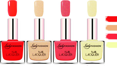 

Lady Fashion Extra Shine Extra Long Stay Chip Resistant Nail Polish Juicy Red,Beach Nude,Bright Pink,Mettalic Gold(Pack of 4)