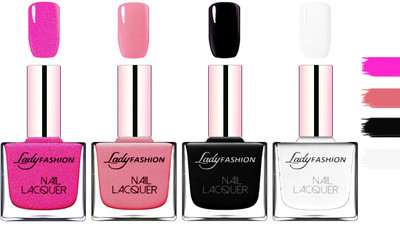 

Lady Fashion Extra Shine Extra Long Stay Chip Resistant Nail Polish Mettalic Pink,Silky Pink,Black,White(Pack of 4)