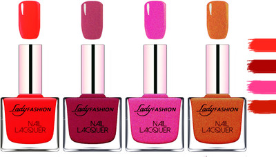

Lady Fashion Extra Shine Extra Long Stay Chip Resistant Nail Polish Juicy Red,Maroon,Mettalic Pink,Copper(Pack of 4)