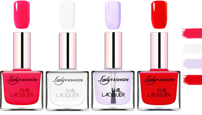 Lady Fashion Extra Shine Extra Long Stay Chip Resistant Nail Polish Sweet Red,White,Top Coat,Red(Pack of 4)
