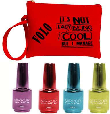 

VOLO Mirror shine 4 nail polish combo Golden, light red, Purple, sky Blue(Pack of 4)