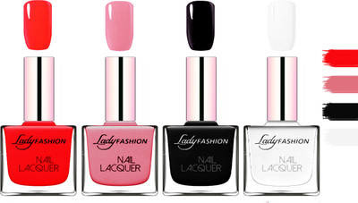 

Lady Fashion Extra Shine Extra Long Stay Chip Resistant Nail Polish Juicy Red,Silky Pink,Black,White(Pack of 4)