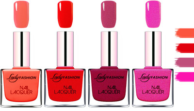 Lady Fashion Extra Shine Extra Long Stay Chip Resistant Nail Polish Light Orange,Red,Maroon,Mettalic Pink(Pack of 4)